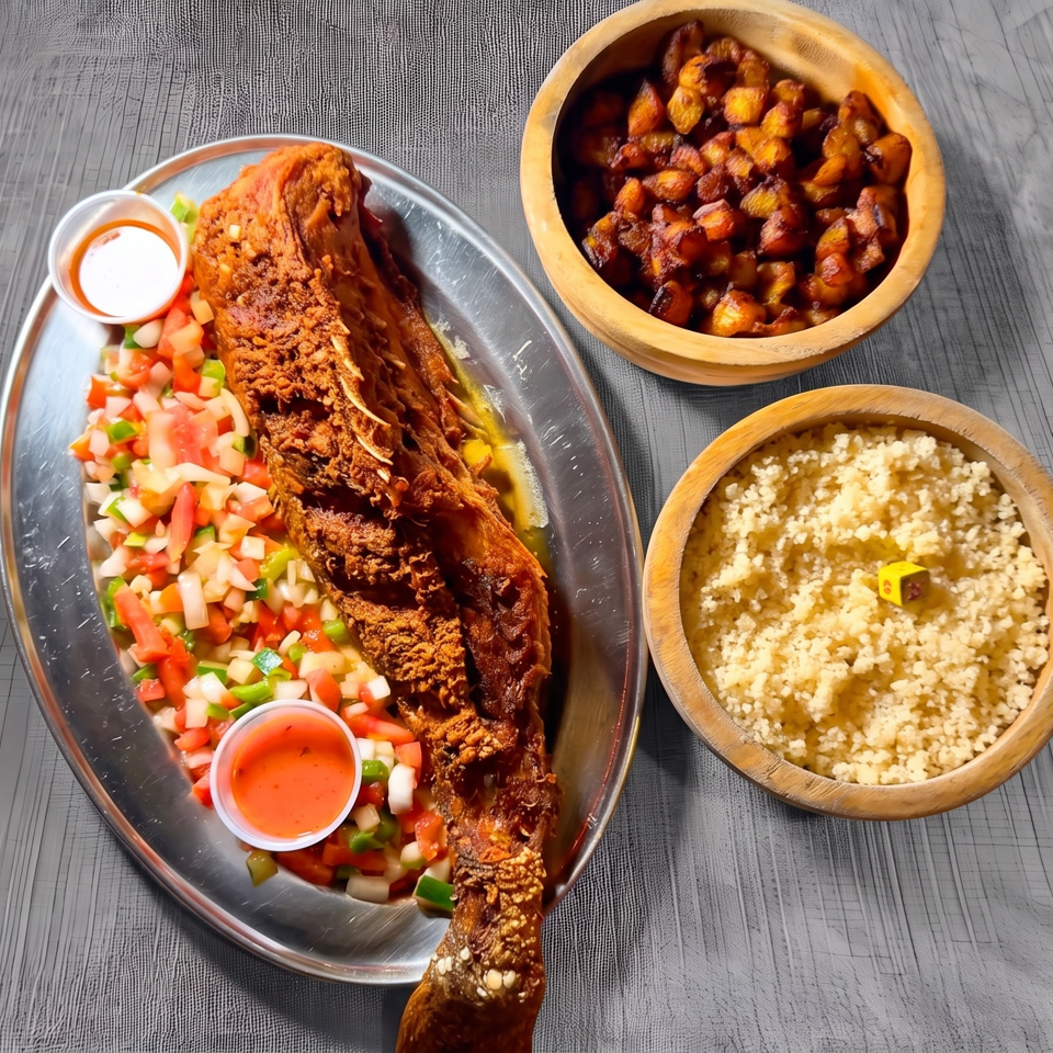 A whole fried fish with a side of diced salad, couscous, and fried plantains.