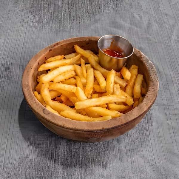 Golden french fries in a wooden bowl with a side of ketchup on a gray textured surface.